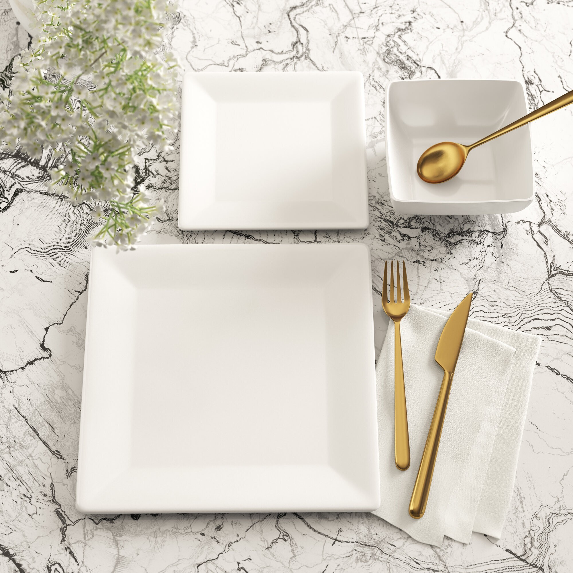 Square White Melamine Dinnerware Set