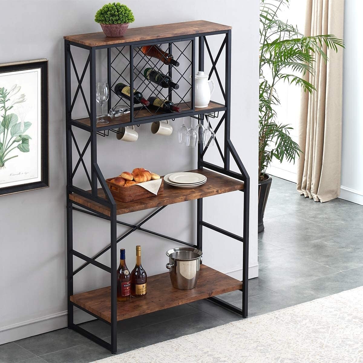Steel and Wood Bakers Rack with Wine Storage