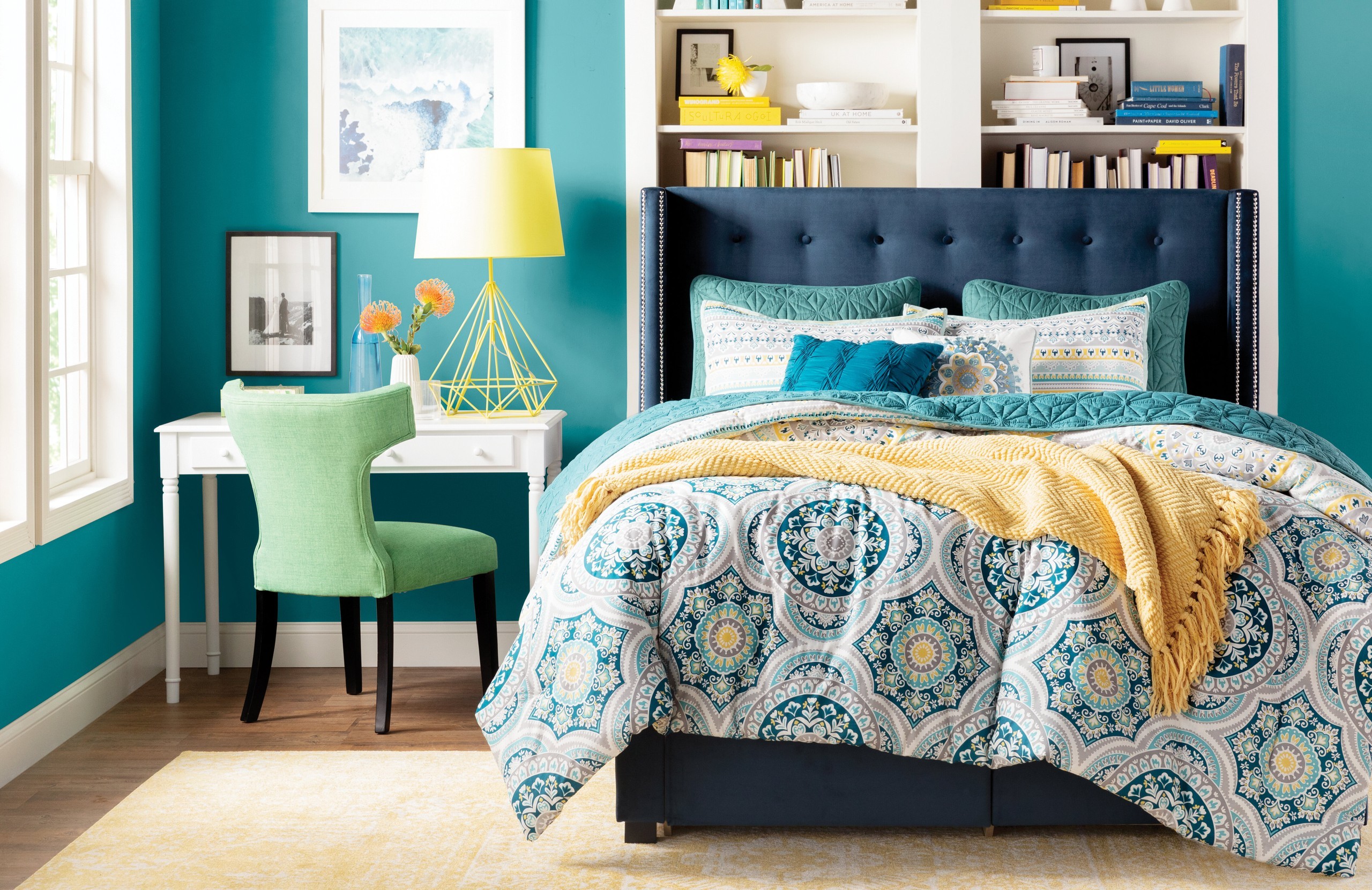 Teal and Yellow Bedroom Design