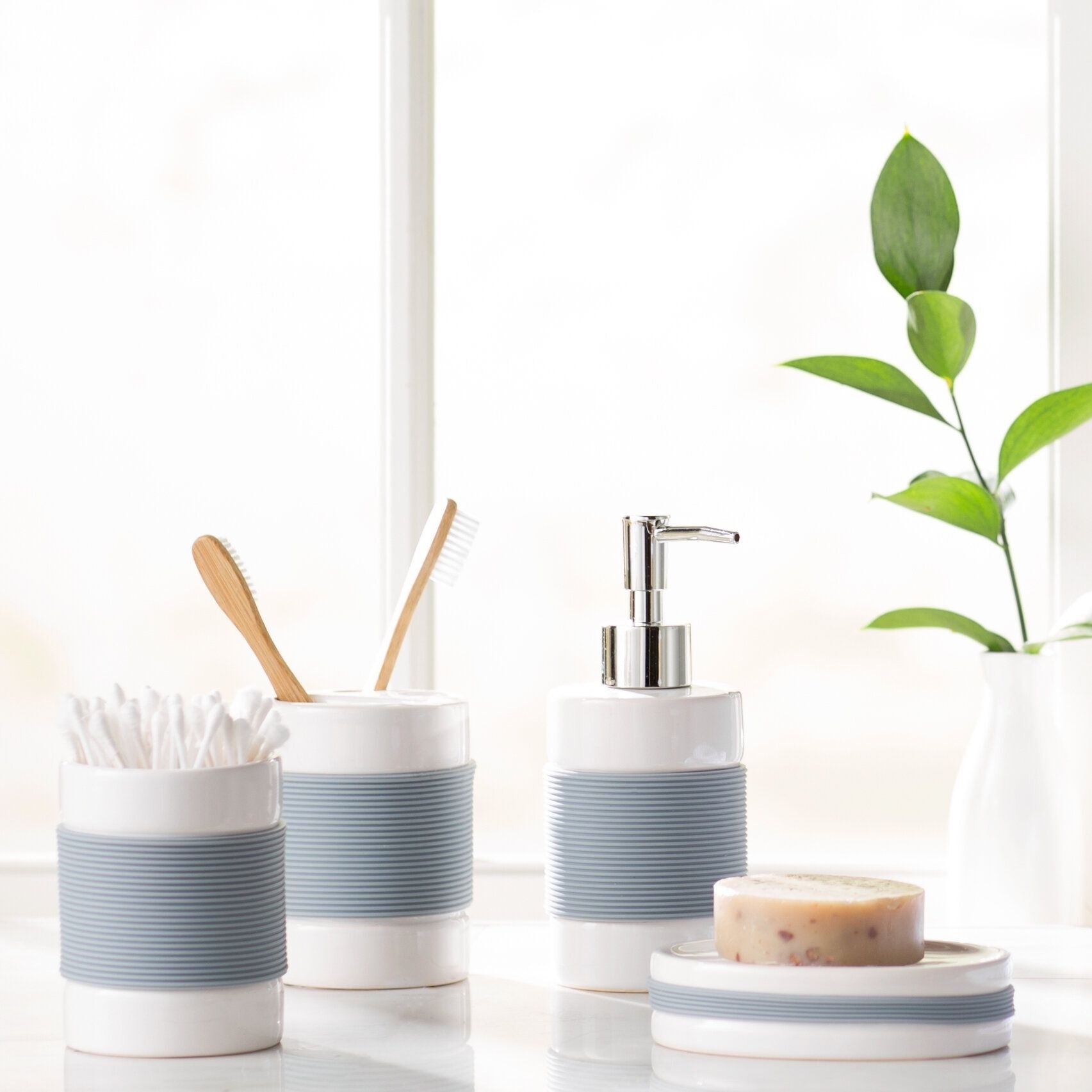 White and Blue 4 piece Bathroom Accessories Set