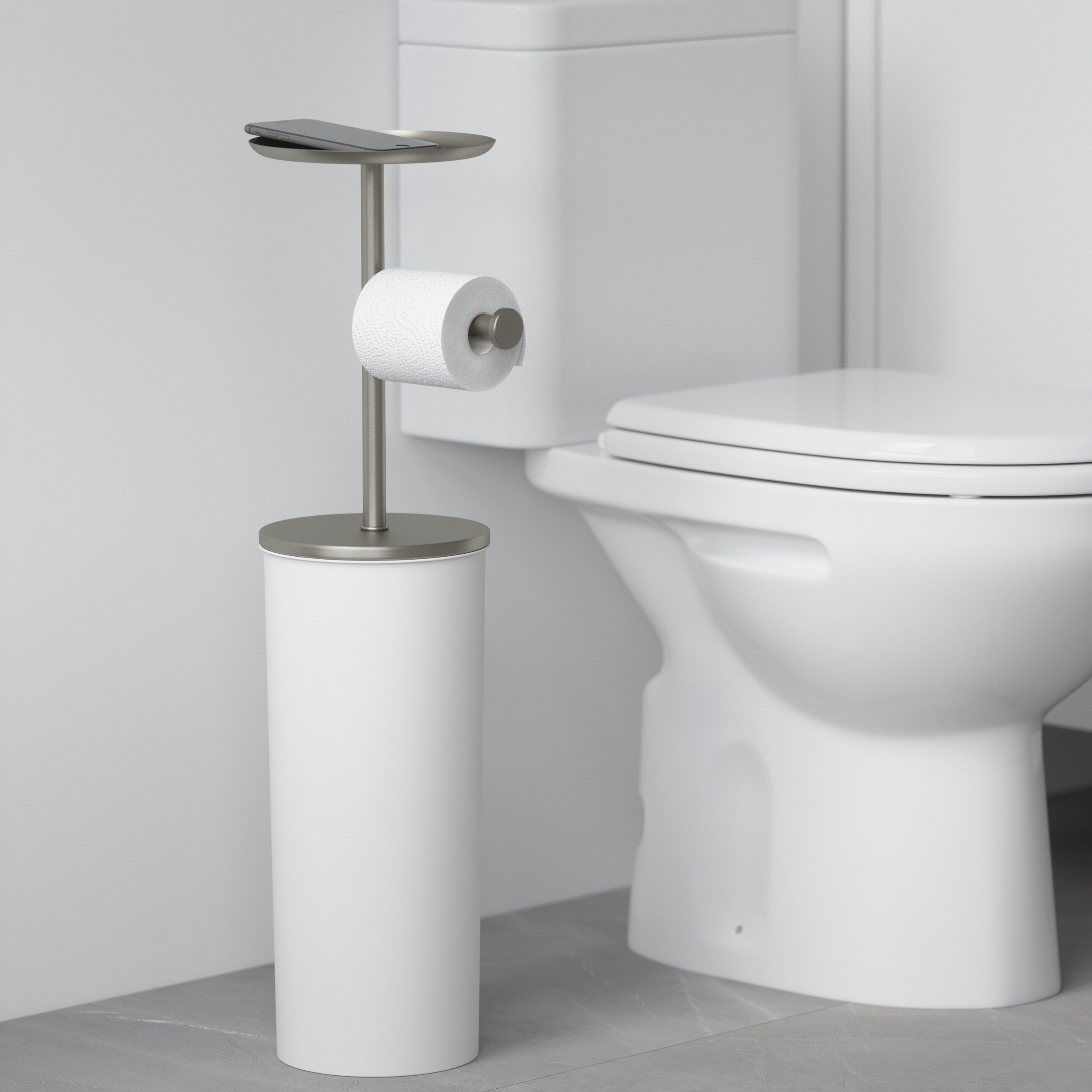 White and Silver Freestanding Toilet Paper Stand