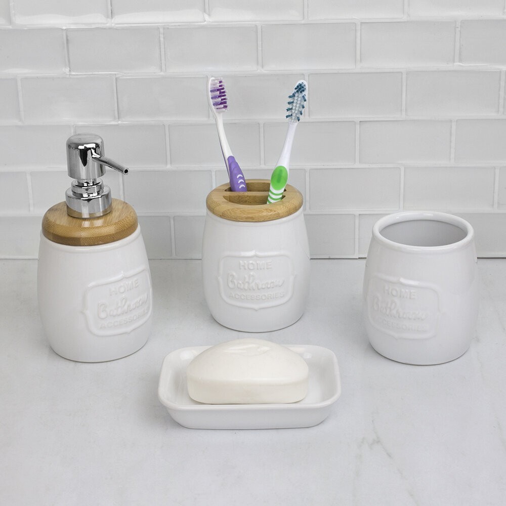 White Ceramic Soap and Toothbrush Holder Set