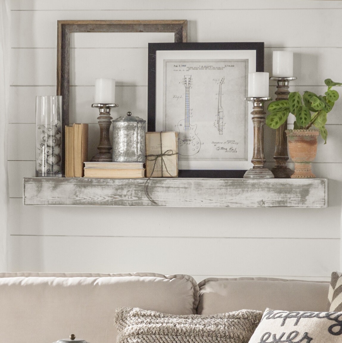 White Gray Solid Wood Rustic Wall Shelf