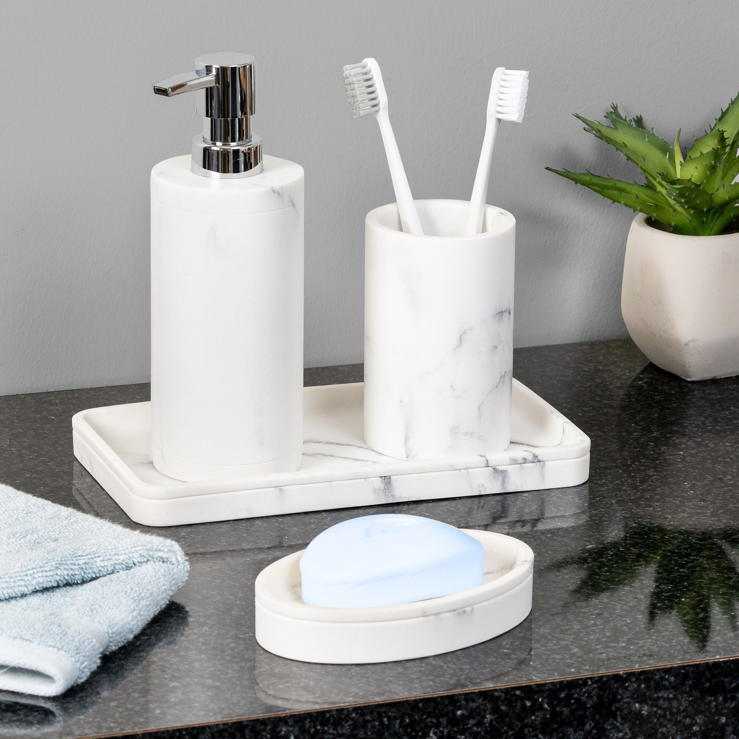 White Marble Soap and Toothbrush Holder Set