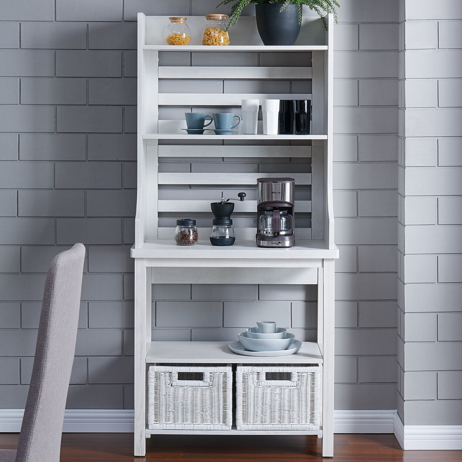White Wood Bakers Rack for Coffee Bar