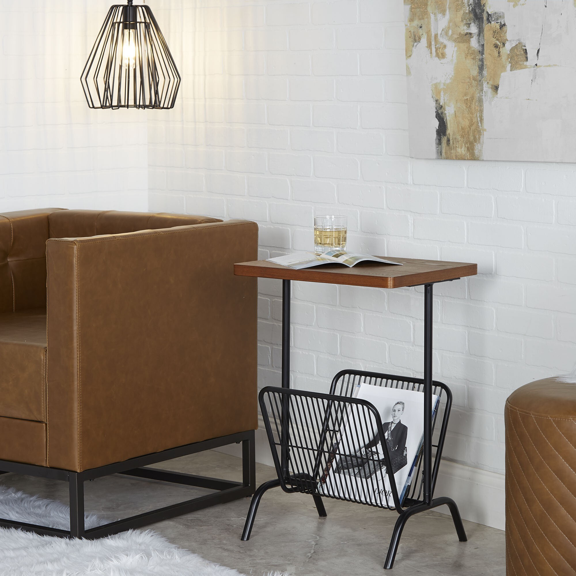 Wood Metal Magazine Rack End Table
