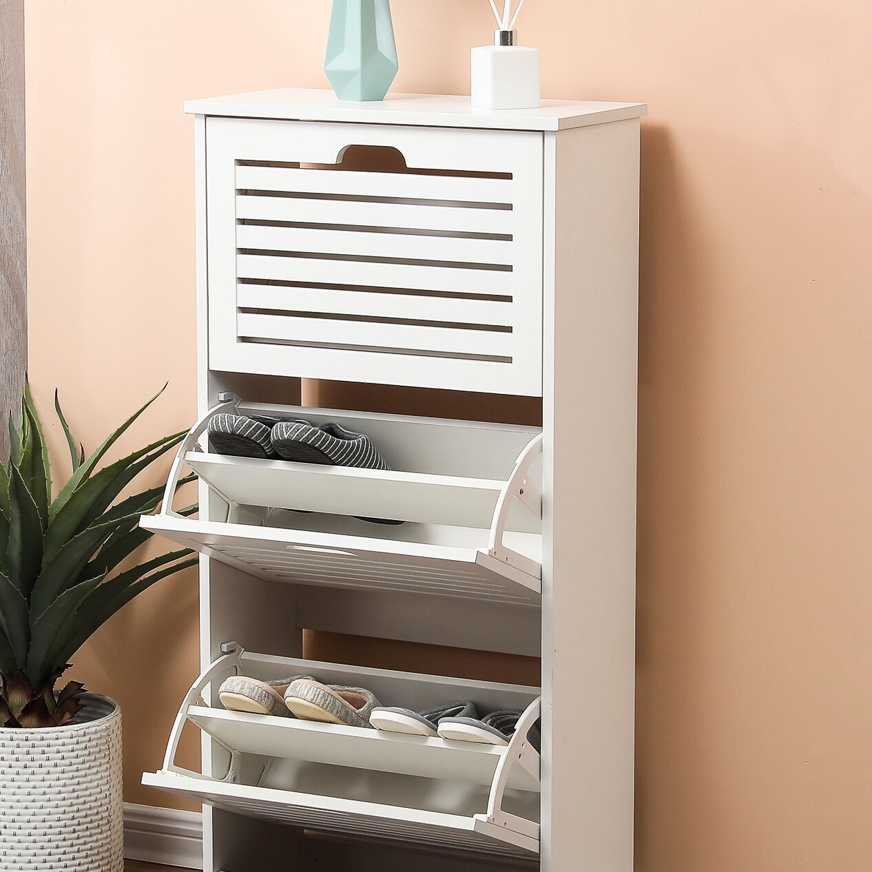Wooden Twelve Pair Shoe Storage Cabinet