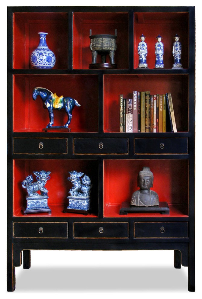 Distressed black elmwood ming bookcase asian bookcases