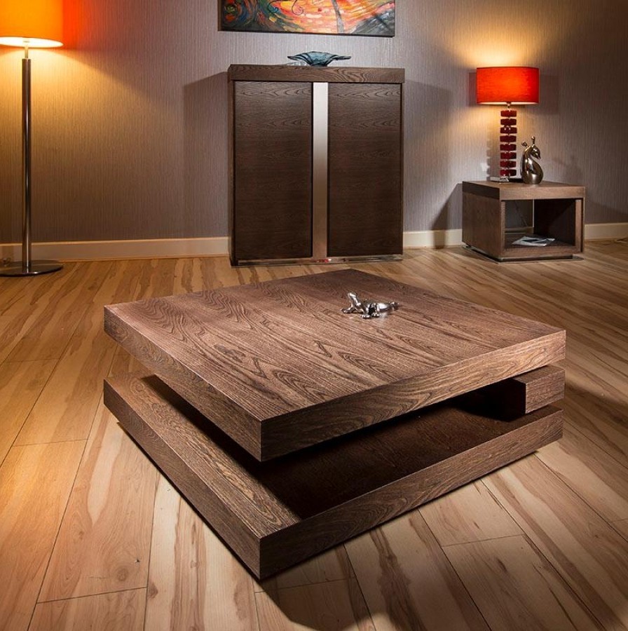 Modern Large Square Dark Wood Coffee Table Set