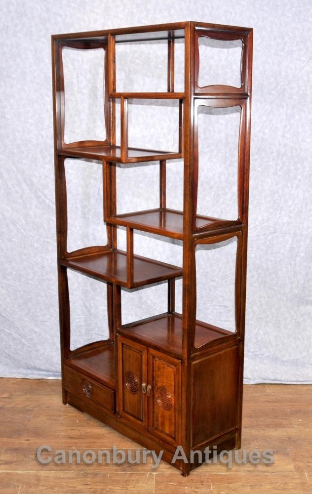 Pair antique chinese mahogany bookcases shelf units circa 1920