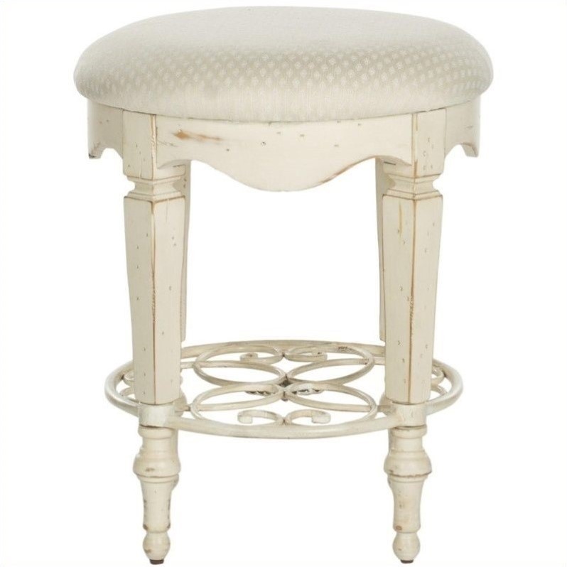 Vintage white antique vanity stool with upholstered seat