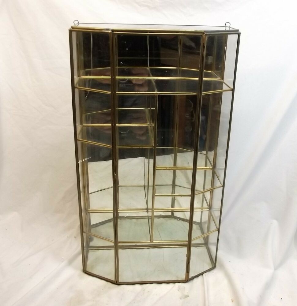 Vtg brass glass table top wall curio cabinet display shelf