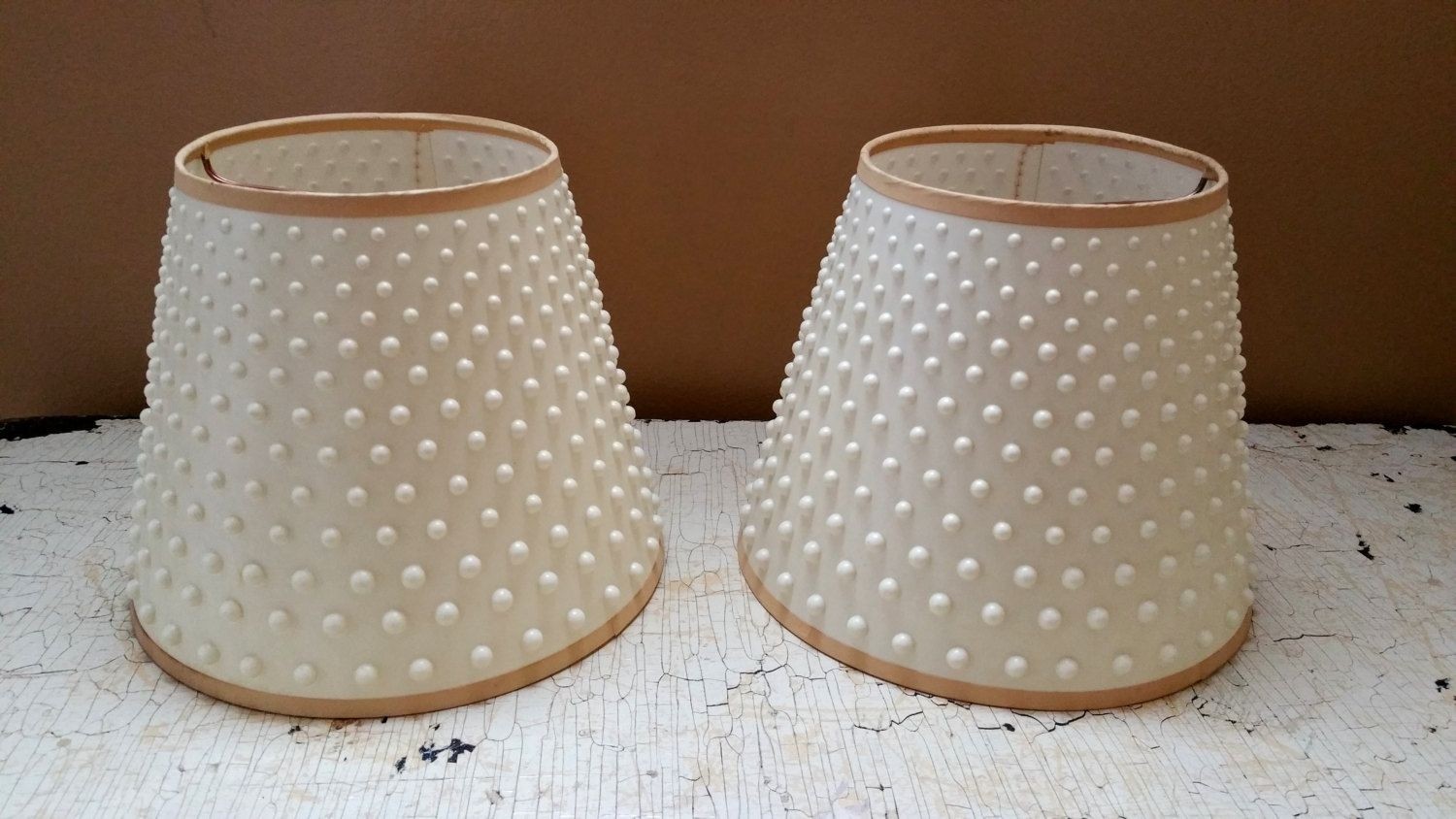 Pair vintage white plastic hobnail lamp shades 7 high by
