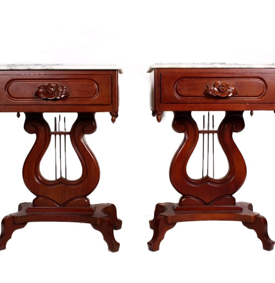 Pair of victorian reproduction marble top lyre end tables