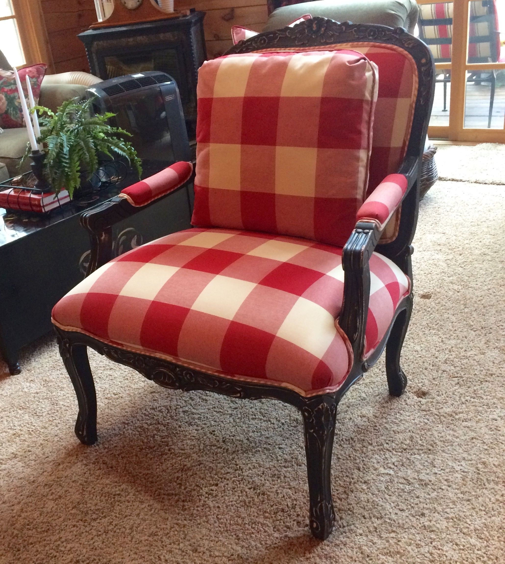 Refinished country french chair with red check upholstery