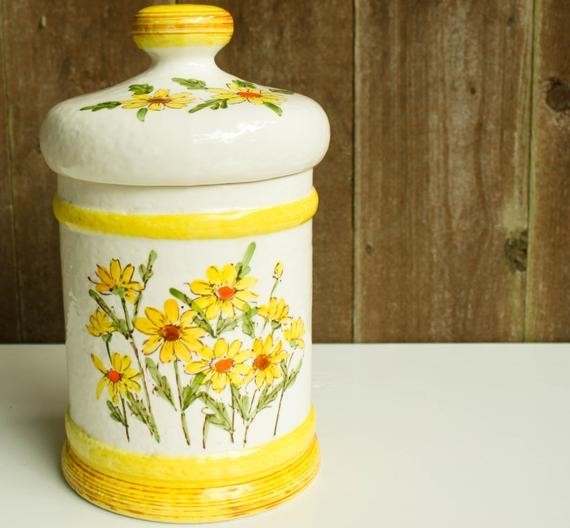 Vintage 1976 kitchen canister jar yellow flowers ceramic