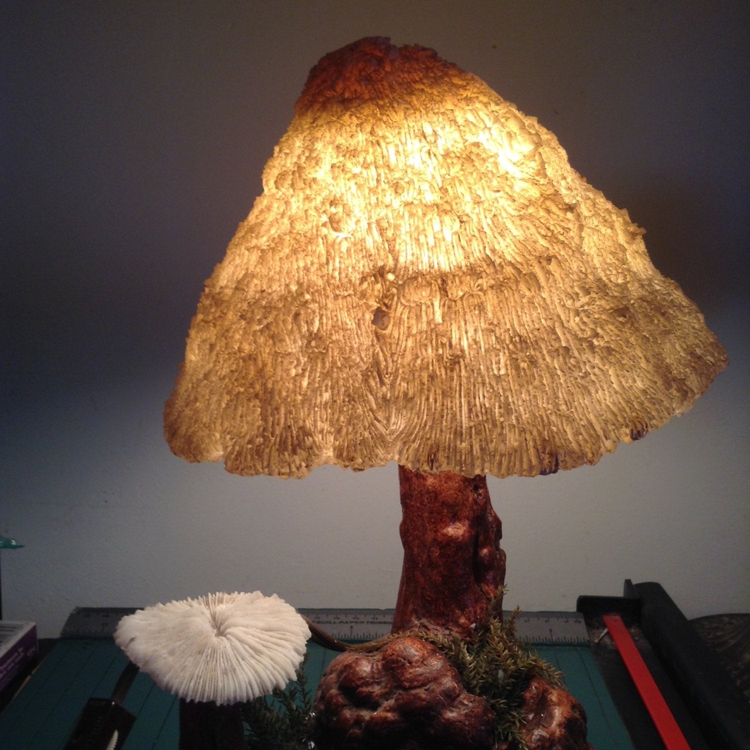 Vintage mushroom shade and burl wood lamp kitsch 1970s