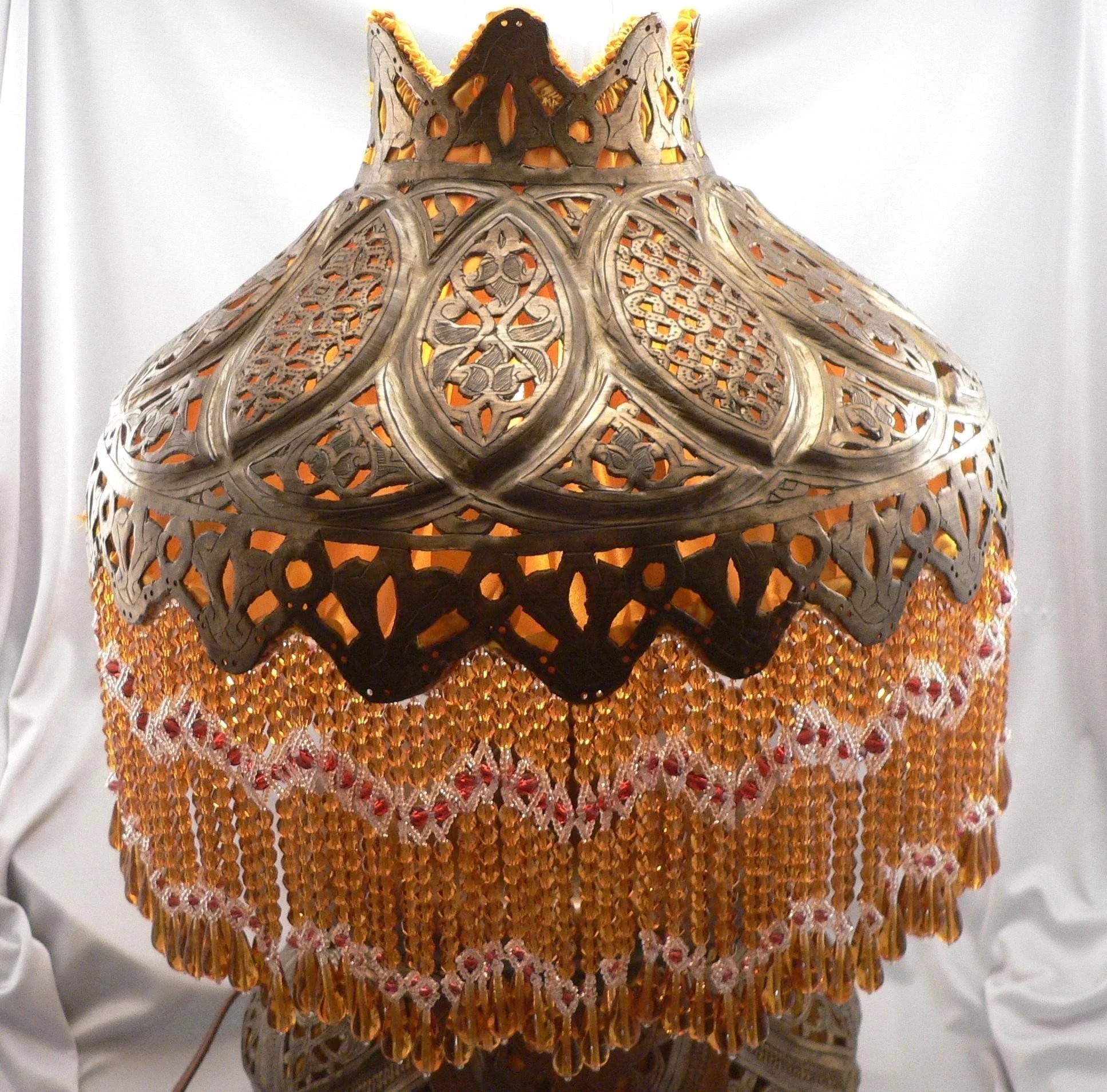 Antique c1900 pierced brass moorish beaded fringe round