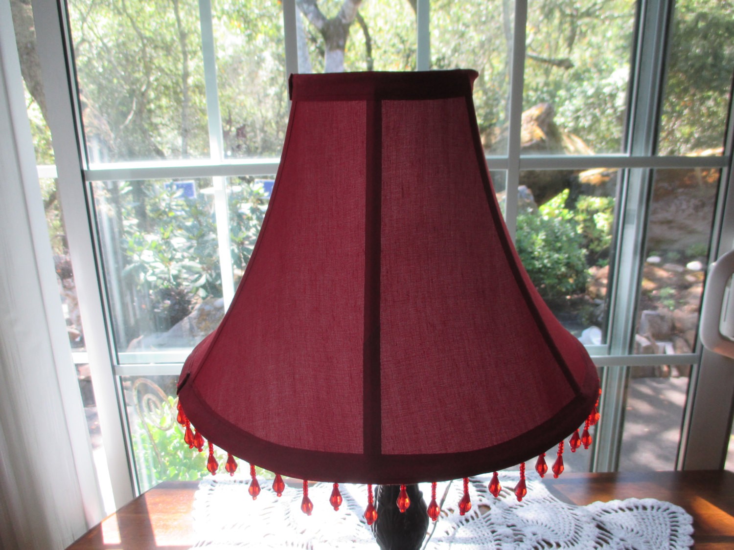 Vintage burgundy beaded fringe lampshade