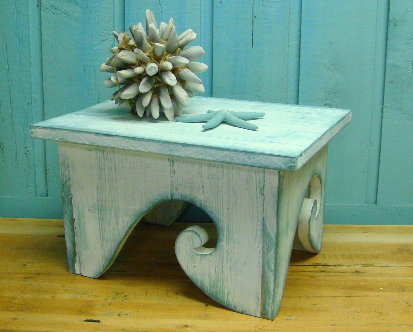 Waves step stool footstool bench bright white turquoise ocean