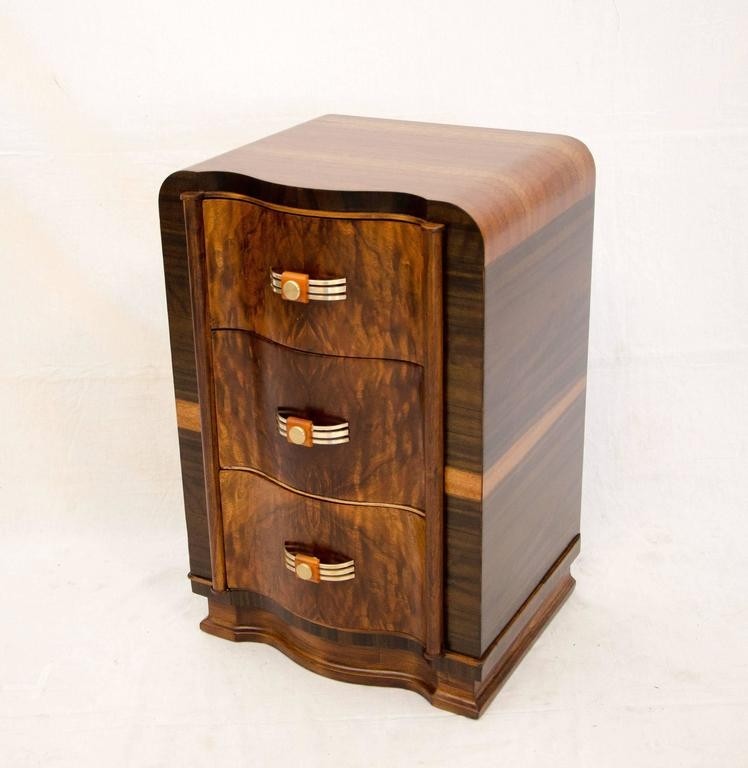 Elegant Walnut Art Deco Three-Drawer Nightstand