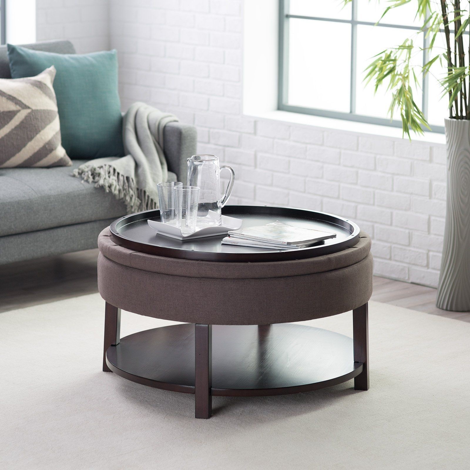 Round Tufted Ottoman Coffee Table with Tray