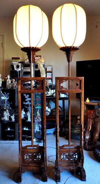 Traditional chinese wooden floor lamps with silk shades