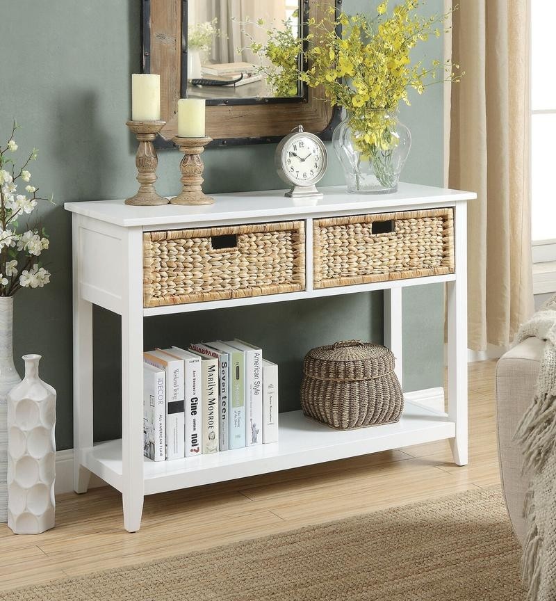White Coastal Console Table with Wicker Baskets