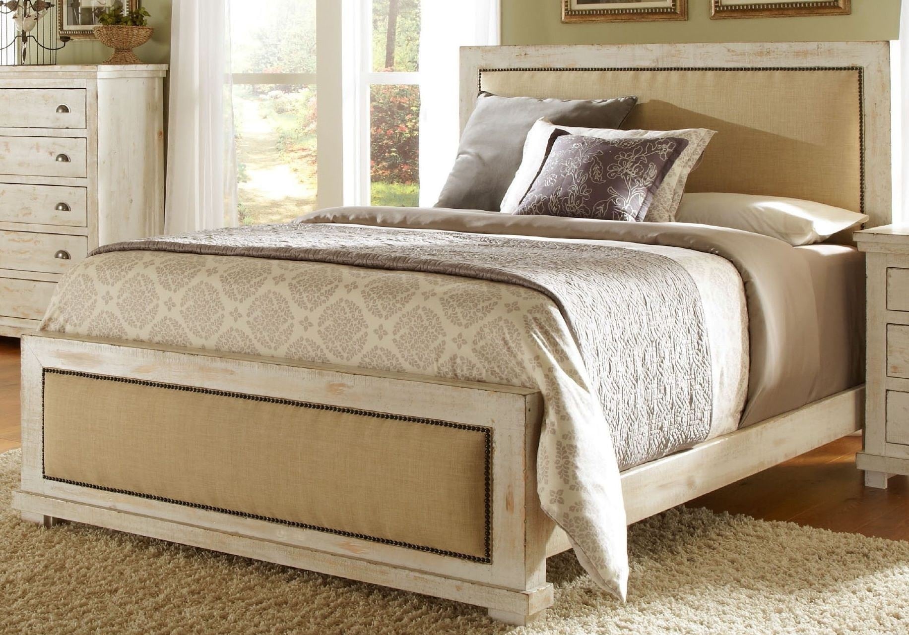 Willow distressed white king upholstered bed from
