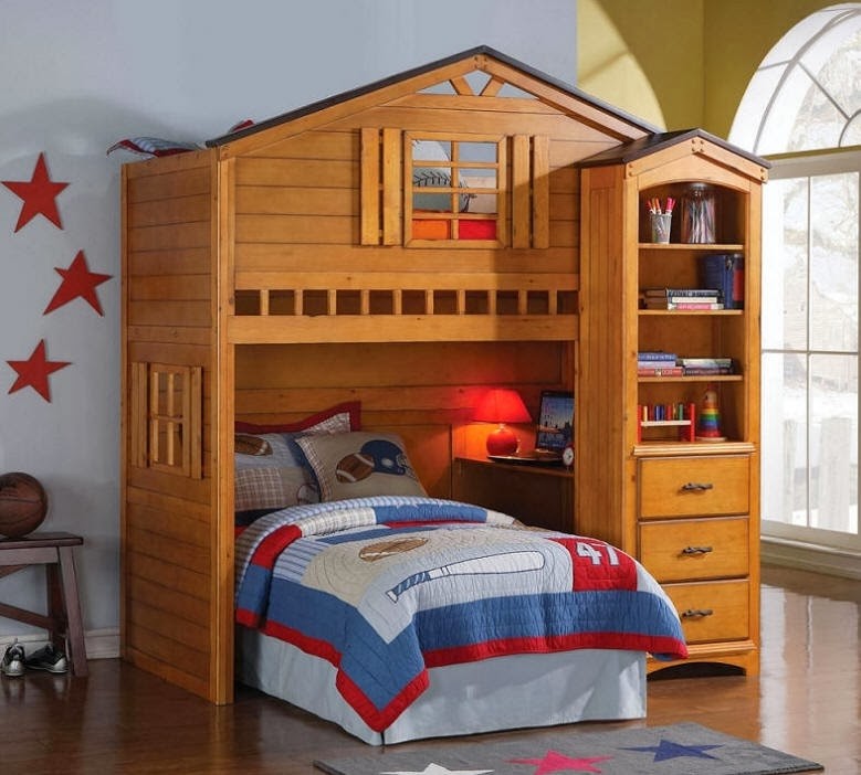 Wooden loft bunk bed for kids cozy rooms