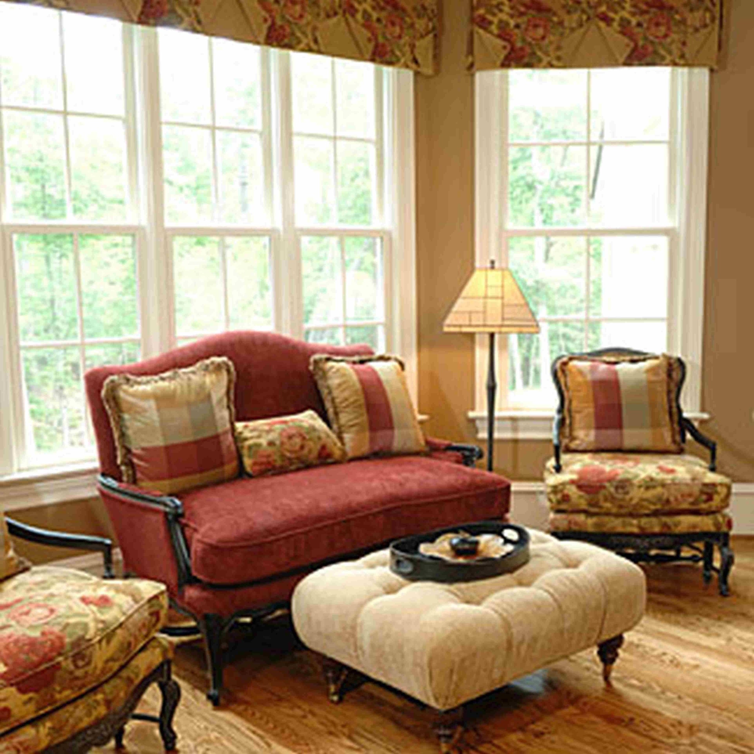 Cozy Country Living Room with Floral Sofa Pillows