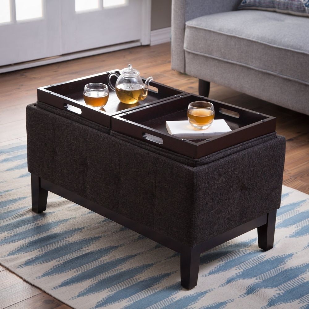 Gray fabric storage ottoman bench with tray top