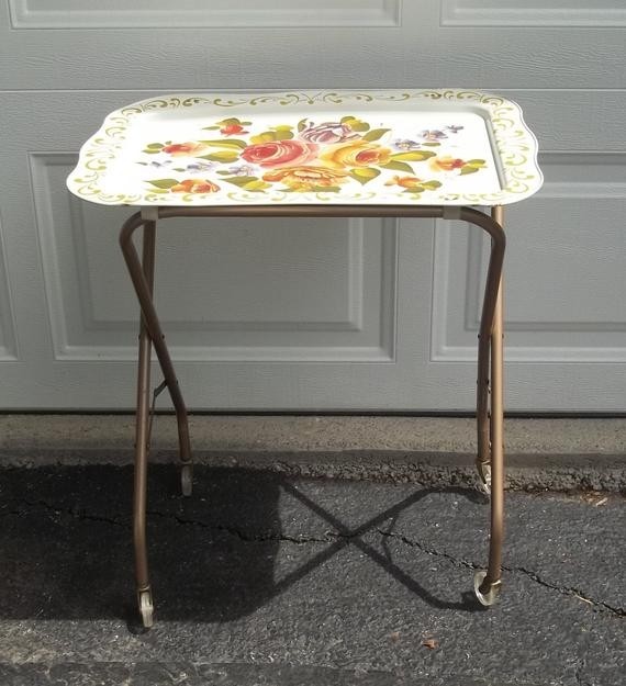 Single metal tole tv tray on rolling base clear wheels