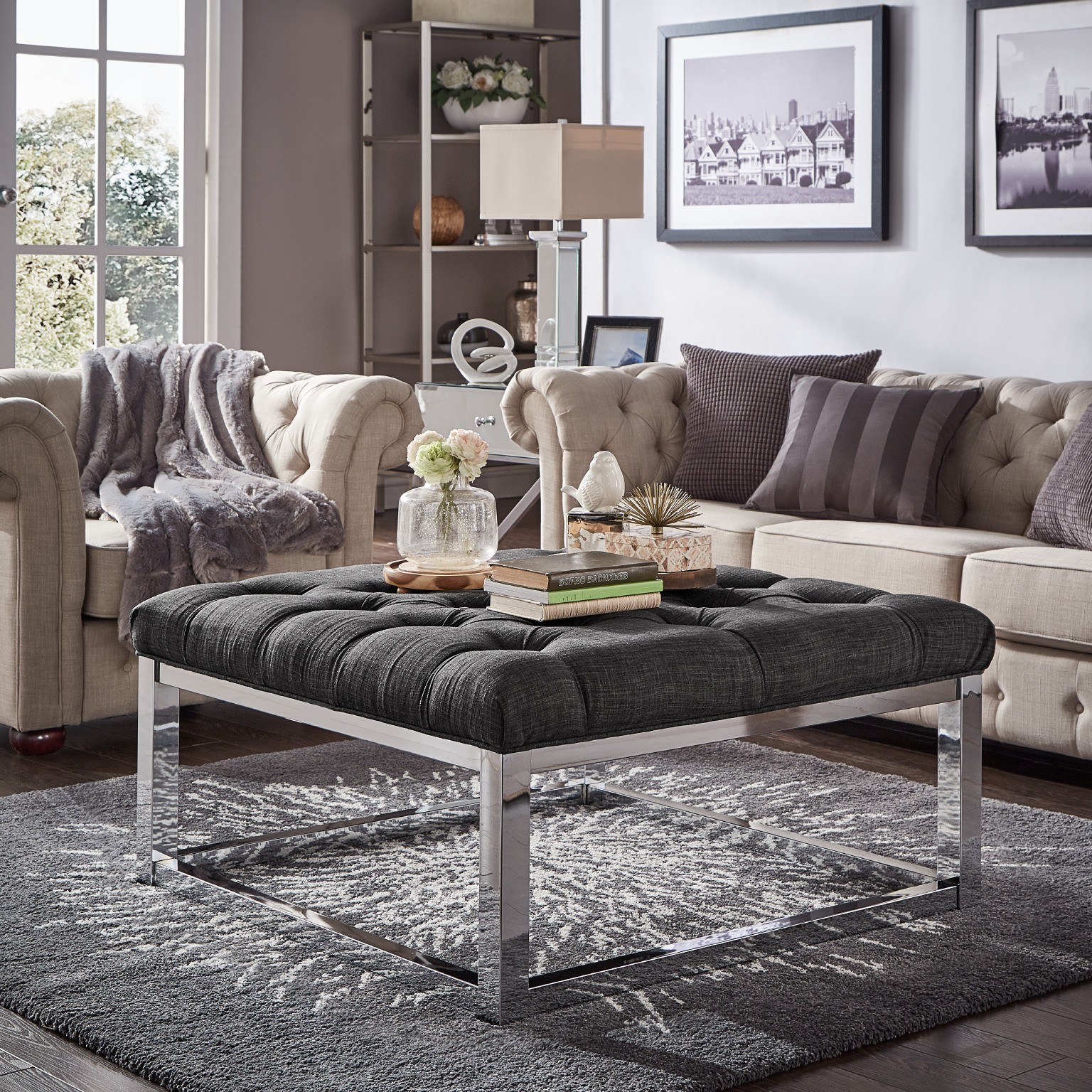 Weston home libby button tufted cushion ottoman coffee 3