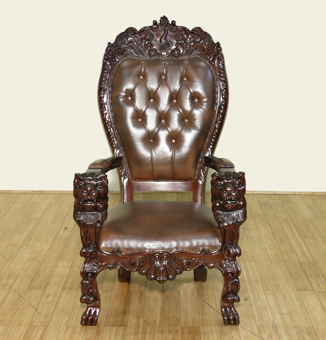 Dark mahogany genuine leather gothic lion arm chair mch