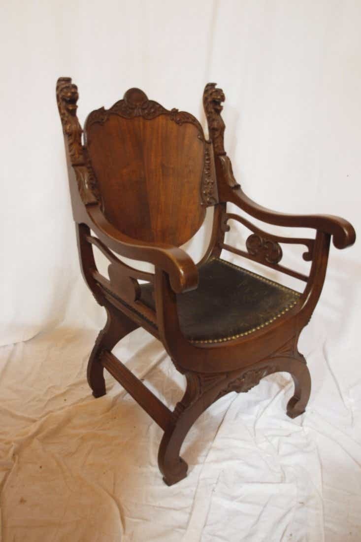 Empire style high back arm chair with lions head