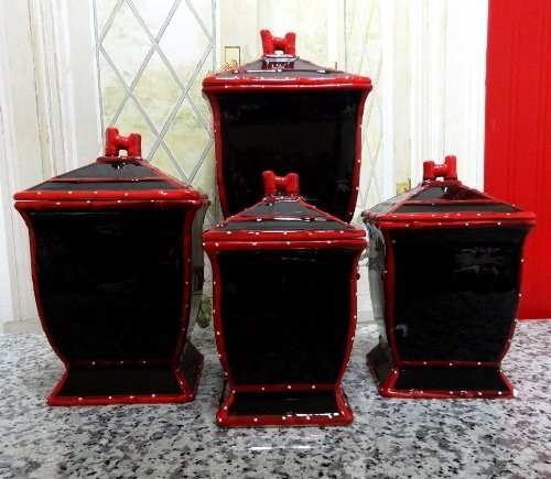 Tuscany hand painted ruffle black canisters set of 4