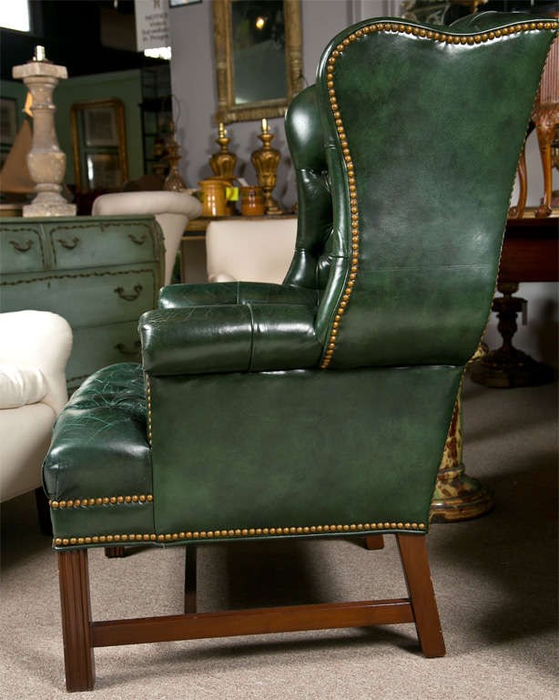 1950s Green Leather Tufted Wingback Chair