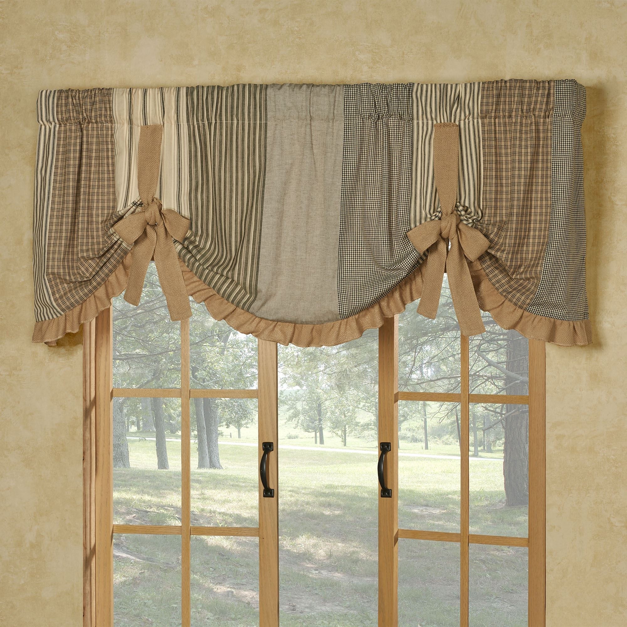 Farmhouse style tie up window valance with patchwork