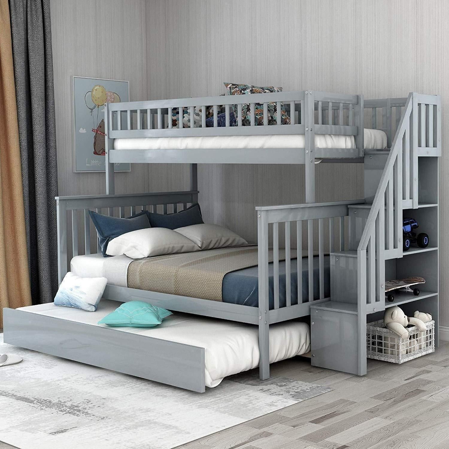 Modern Grey Stairway Full Bunk Beds with Storage