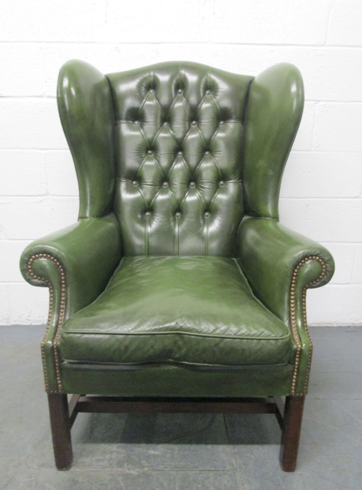 Vintage Green Leather Tufted Wingback Chair