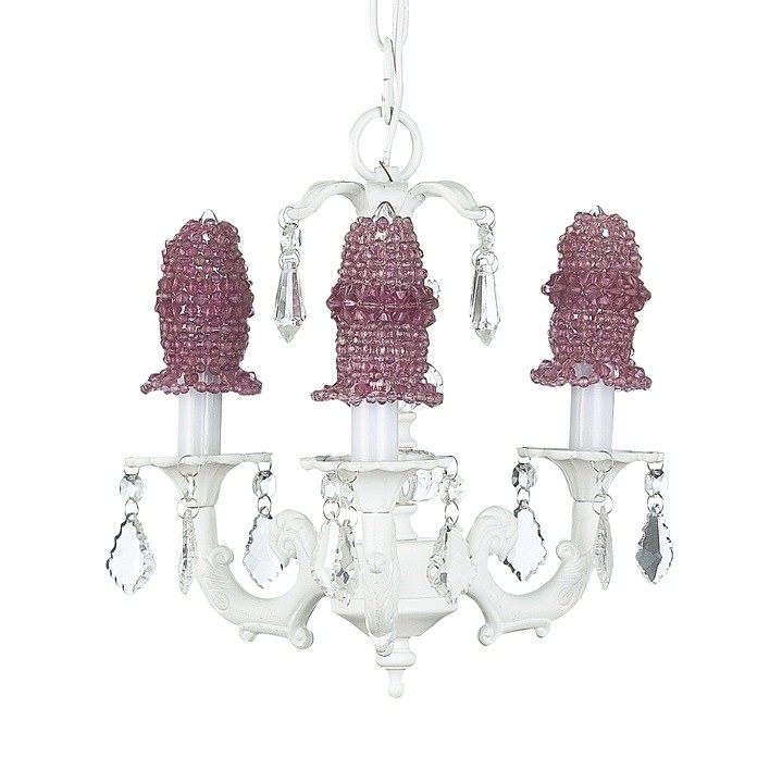 White 3 arm stacked chandelier pink bulb covers