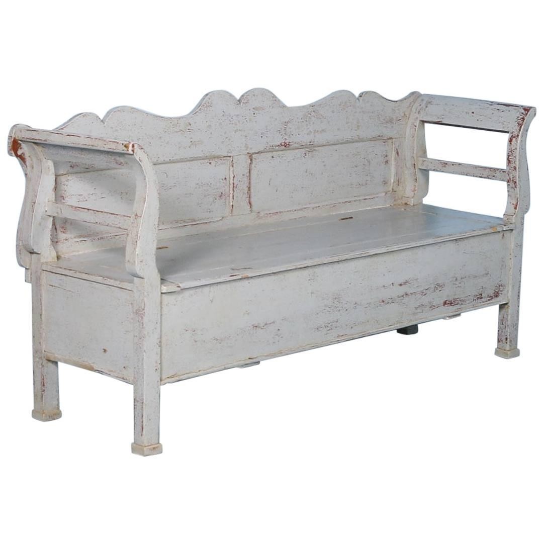 Antique pine storage bench with original grey paint 1
