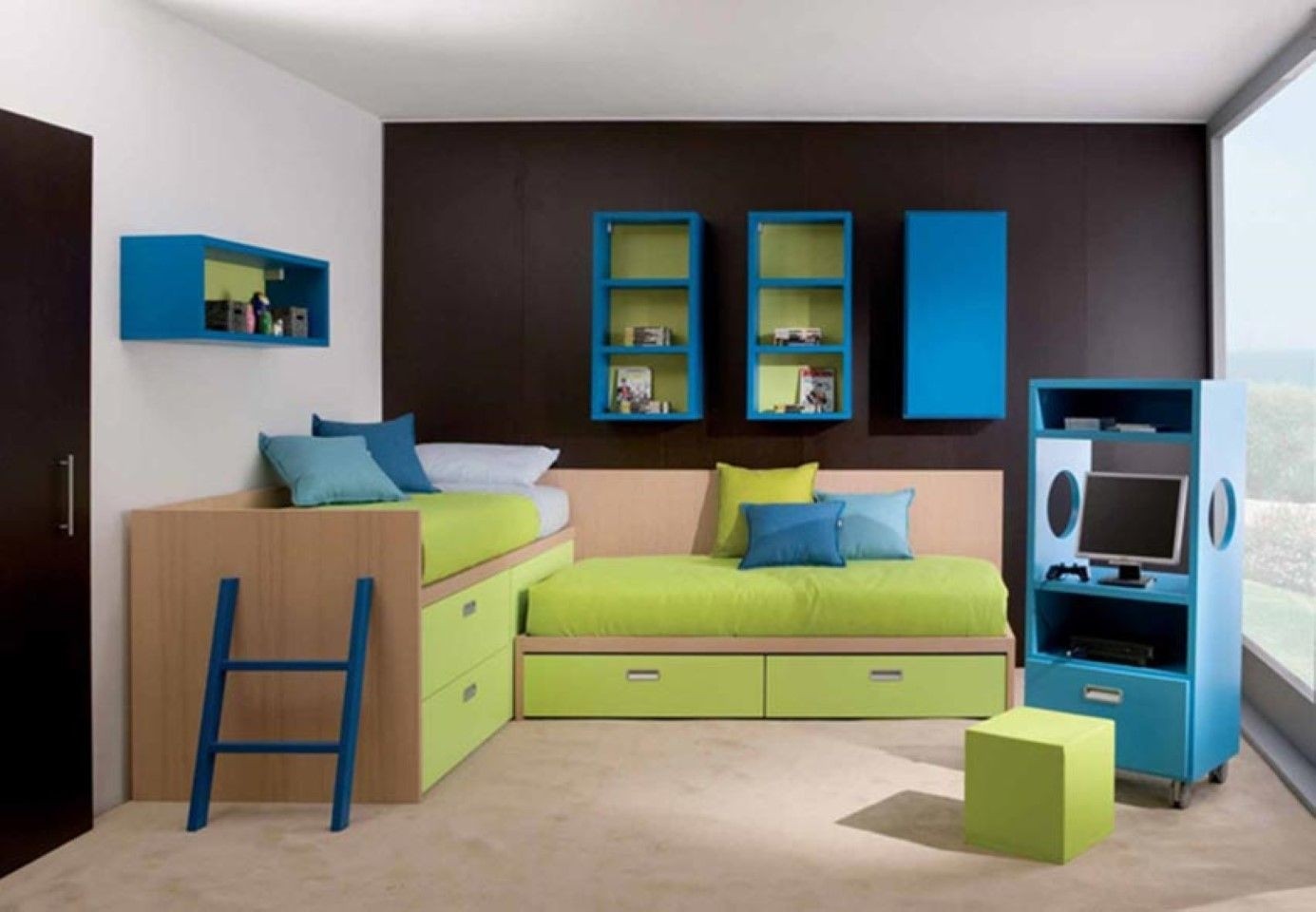 Black and white wall paint idea feat l shaped bed