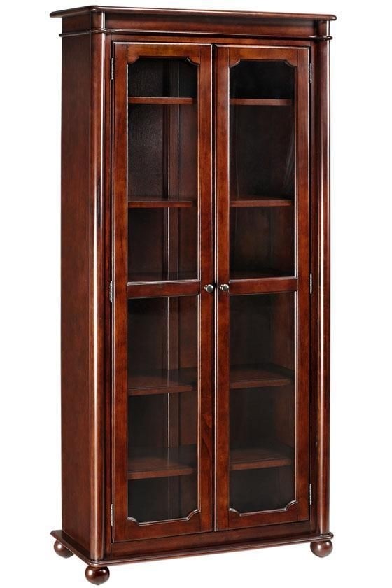 Cherry finish bookshelf with glass doors assemble