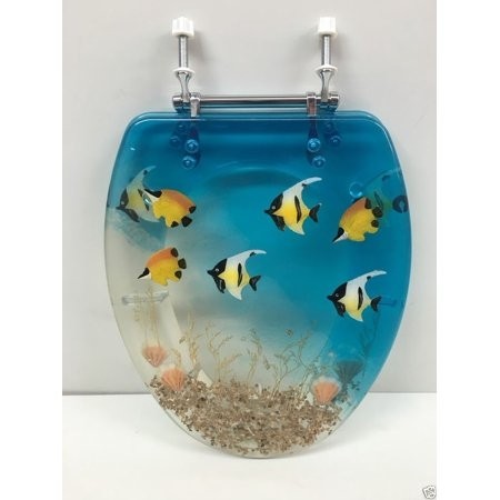Elongated blue aquarium fish and seashells resin toilet