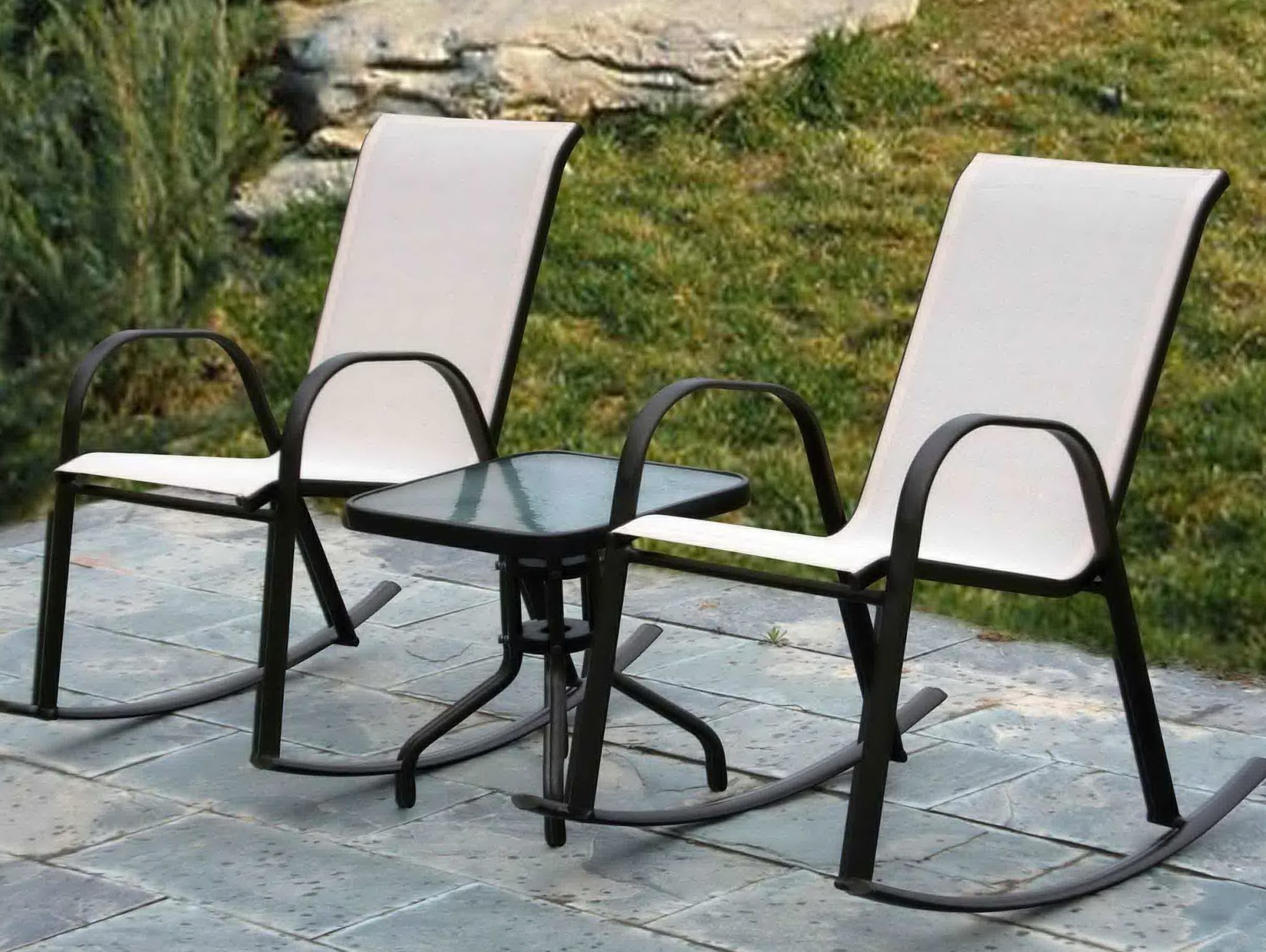 Outdoor patio and furniture without cushions for