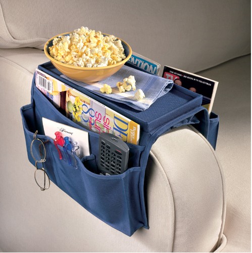 Sofa over arm caddy in remote control organizers