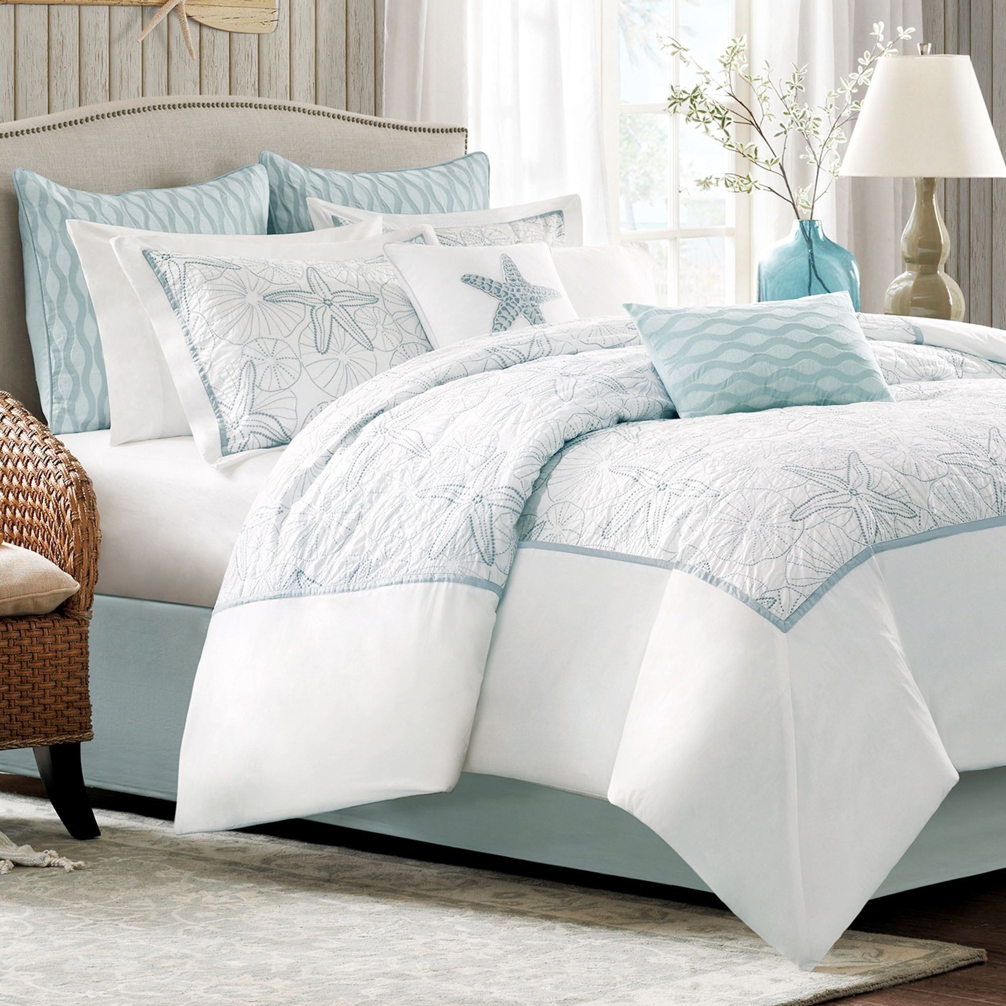 Coastal Blue and White Embroidered Bedding Set