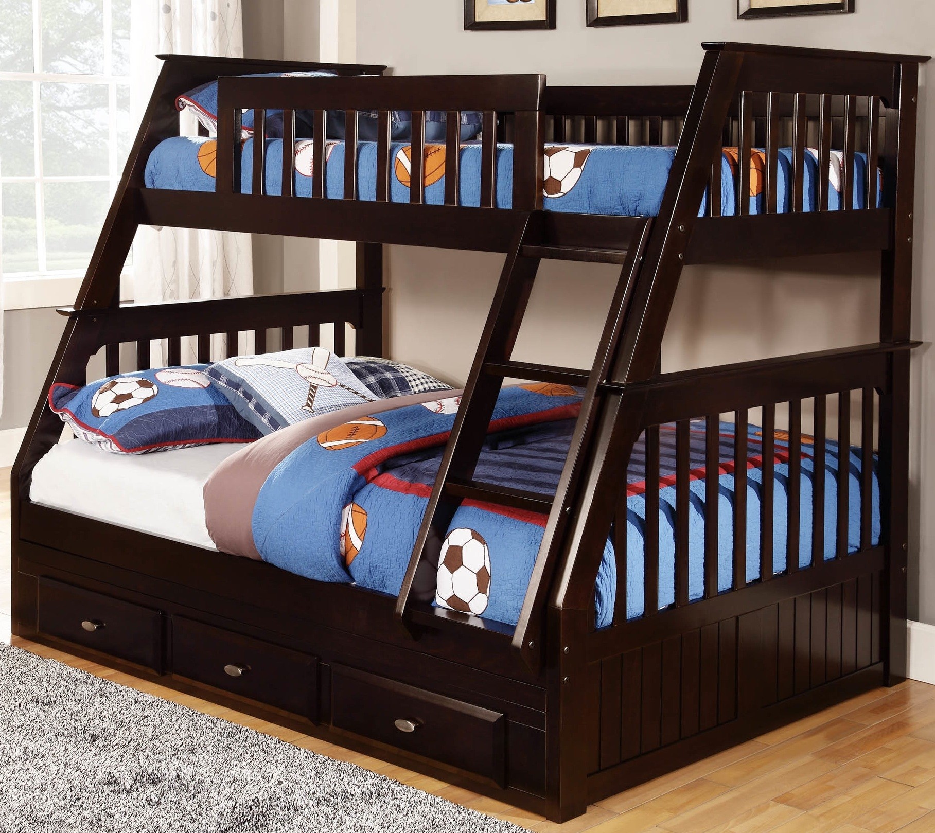 Espresso mission twin over full bunk bed with storage
